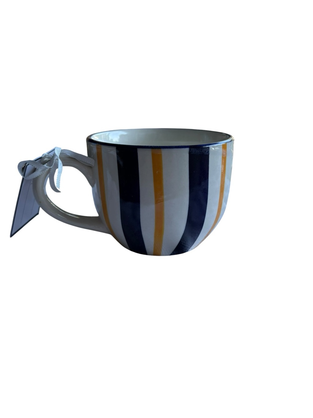 2 NEW Luna & Sage Hand Painted Striped Ceramic Coffee Mugs Blue Yellow Set of 2